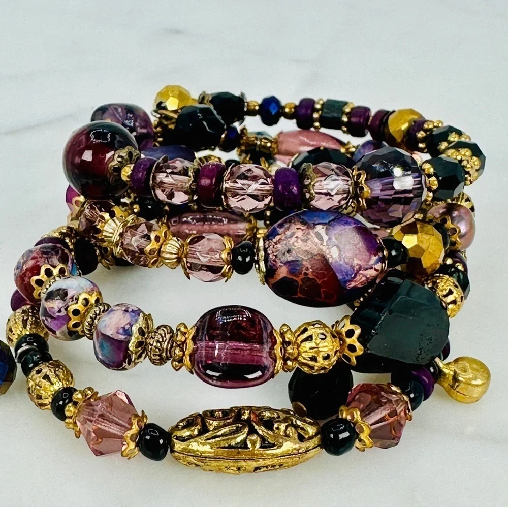 Glass & Stone Wrap Bracelet Faceted Aurora Borealis Beads Purple Black Gold Glam